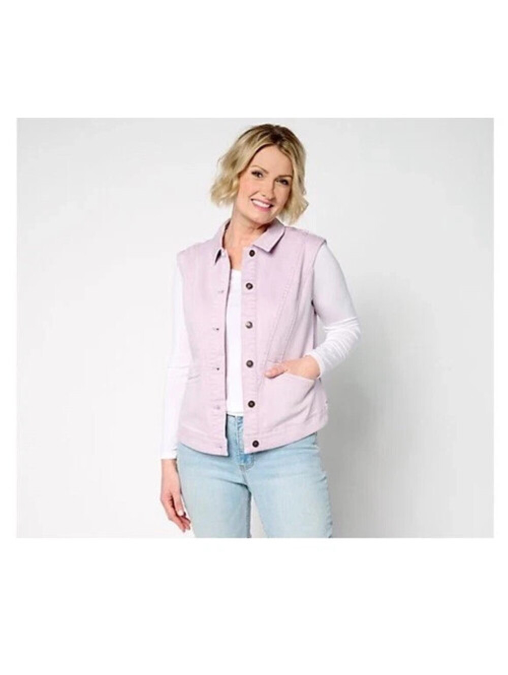AnyBody Washed Colored Denim Vest with Pitched Back Lavender, large